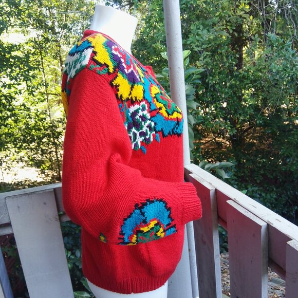 VTG 80s Red Boho Chunky Knit Floral Cottagecore Twee Button Up Cardigan Sweater - Picture 3 of 9